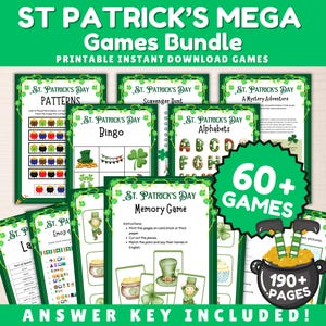 May include: A St. Patrick's Day games bundle with printable instant download games. The bundle includes patterns, scavenger hunts, bingo, alphabet, memory games, and more. The bundle includes over 60 games and 190 pages. Answer key included.