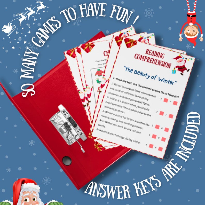 May include: A red binder with a white label that says "Answer Keys Are Included". The binder is open and has several pages with a reading comprehension worksheet titled "The Beauty of Winter". The worksheet has a series of true or false questions about winter.