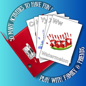 May include: A red binder with a white label that says "SO MANY ACTIVITIES TO HAVE FUN!" and a stack of white cards with handprint designs and the letters "Cch", "Yy", and "Ww" on them. The bottom card has a watermelon handprint design and the word "Watermelon" written below it. The binder is partially open and the cards are sticking out. The text "PLAY WITH FAMILY & FRIENDS" is written in a curved arc around the bottom of the image.