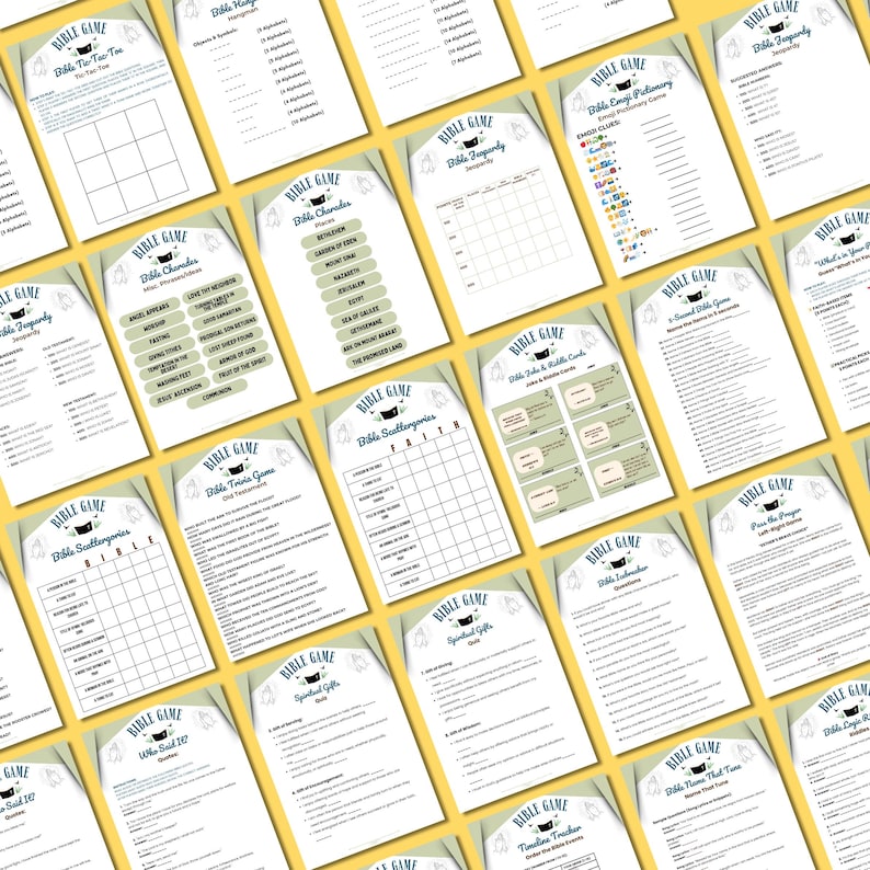 May include: A selection of printable Bible games on cream paper. The games include trivia, charades, and other activities. Each sheet has the words "Bible Game" at the top, with various game titles below. The layout is designed for educational or recreational use.
