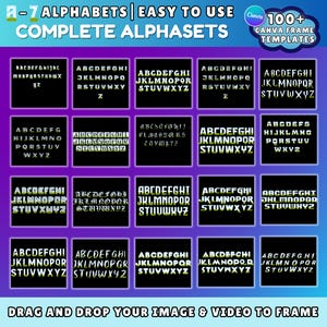 May include: A digital graphic featuring a grid of alphabet sets in various fonts. The text reads "A-7 ALPHABETS | EASY TO USE COMPLETE ALPHASETS" and "DRAG AND DROP YOUR IMAGE & VIDEO TO FRAME". Includes "Canva 100+ CANVA FRAME TEMPLATES".