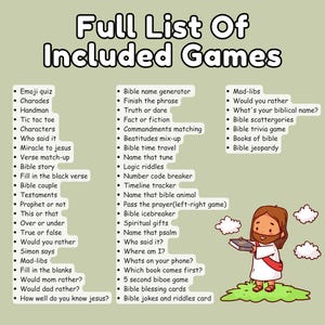 May include: A colorful graphic lists various Bible-themed games, including trivia, quizzes, and riddles. The title reads "Full List Of Included Games." A cartoon Jesus figure is holding a book. The image is designed for educational or entertainment purposes.