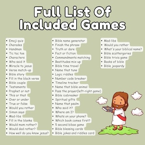 May include: A colourful image listing various Bible-themed games, such as quizzes, trivia, and matching games. The illustration includes a cartoon depiction of Jesus holding a book. The games are designed for educational and entertainment purposes, with a playful font.