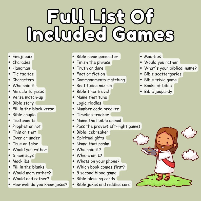 May include: A colourful image listing various Bible-themed games, such as quizzes, trivia, and matching games. The illustration includes a cartoon depiction of Jesus holding a book. The games are designed for educational and entertainment purposes, with a playful font.