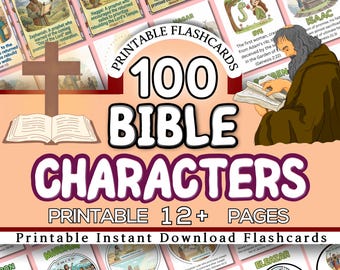 Bible Flashcards Printable, 100 Bible Characters Cards, Sunday School Homeschool Christian Kids Activity, A4 & US Letter