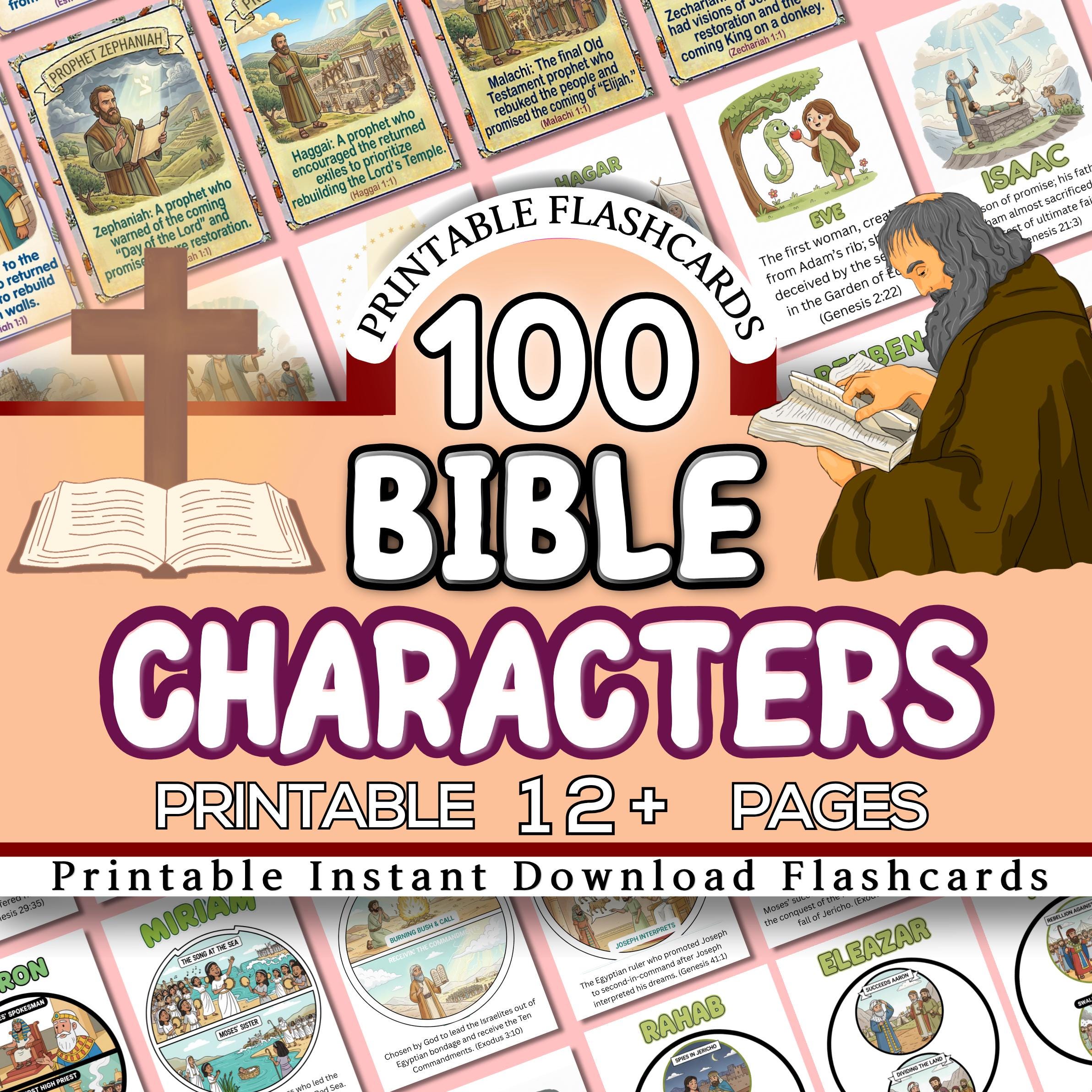 Bible Flashcards Printable, 100 Bible Characters Cards, Sunday School Homeschool Christian Kids Activity, A4 & US Letter