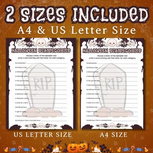 May include: Two printable Halloween Scavenger Hunt game cards in US Letter and A4 sizes. The cards feature a tombstone with the word "RIP" on it and a list of Halloween-themed categories. The cards are decorated with skulls, crossbones, and a spooky font.