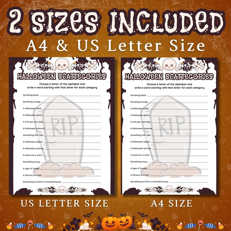 May include: Two printable Halloween Scavenger Hunt game cards in US Letter and A4 sizes. The cards feature a tombstone with the word "RIP" on it and a list of Halloween-themed categories. The cards are decorated with skulls, crossbones, and a spooky font.