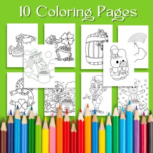 May include: Ten black and white coloring pages featuring St. Patrick's Day themed illustrations. The illustrations include leprechauns, pots of gold, shamrocks, and rainbows.