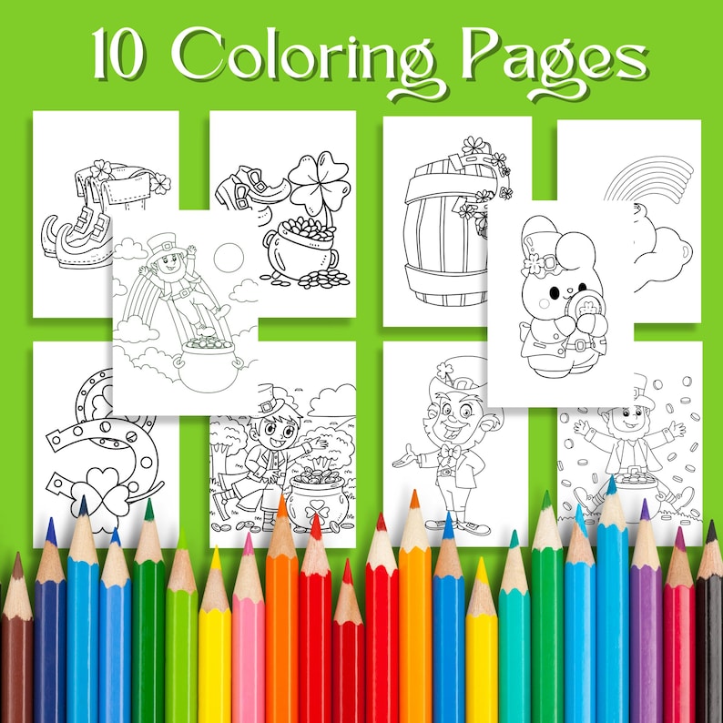 May include: Ten black and white coloring pages featuring St. Patrick's Day themed illustrations. The illustrations include leprechauns, pots of gold, shamrocks, and rainbows.