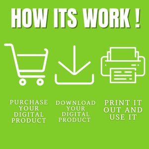 May include: A green graphic with white icons and text explaining how to purchase, download, and print a digital product. The text reads "HOW ITS WORK!"  "PURCHASE YOUR DIGITAL PRODUCT" "DOWNLOAD YOUR DIGITAL PRODUCT" "PRINT IT OUT AND USE IT"