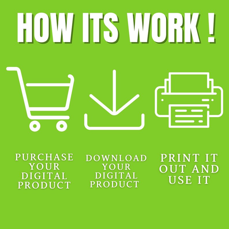 May include: A green graphic with white icons and text explaining how to purchase, download, and print a digital product. The text reads "HOW ITS WORK!"  "PURCHASE YOUR DIGITAL PRODUCT" "DOWNLOAD YOUR DIGITAL PRODUCT" "PRINT IT OUT AND USE IT"