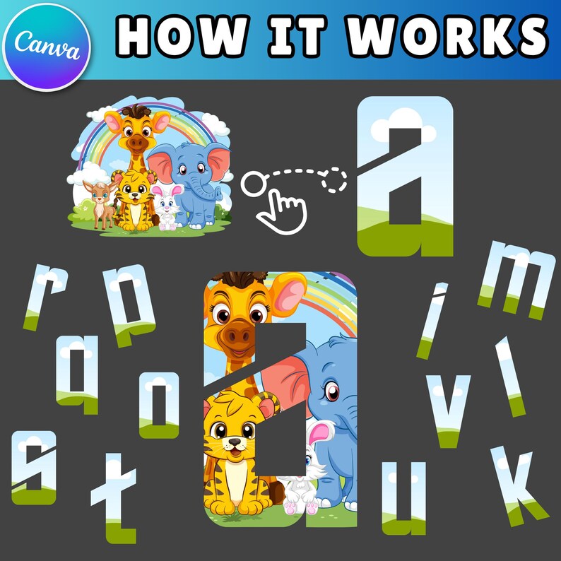 May include: A graphic with the text "HOW IT WORKS" and a Canva logo. The image shows a puzzle with the letter "A" and animal characters, including a giraffe, tiger, elephant, and rabbit. Other letters are also shown.