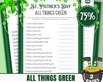 All Things Green St. Patrick's Day Game | Fun Irish Trivia & Word Challenge | St. Paddy's Party Game | Kids and Adults Printable Activity