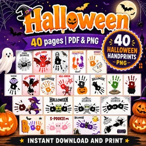 May include: A digital collection of 40 Halloween-themed printable pages in PDF and PNG formats, featuring various handprint art designs, ghosts, pumpkins, witches, and bats, with text including Halloween, 40 pages, and 40 Halloween handprints.