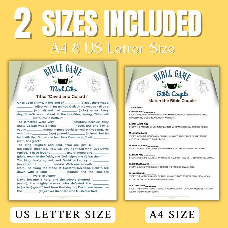 May include: Two printable Bible game templates are shown, one for Mad Libs and the other for matching Bible couples. The games are available in A4 and US Letter sizes. The Mad Libs game is titled "David and Goliath."