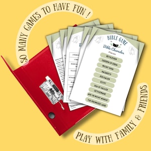 May include: A red binder containing a Bible Charades game. The game features cards listing places such as Bethlehem and Jerusalem. The image includes text that reads "So many games to have fun!" and "Play with family & friends."