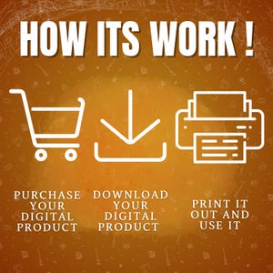 May include: A graphic showing how to purchase, download, and print a digital product. The graphic shows a shopping cart, a download arrow, and a printer.