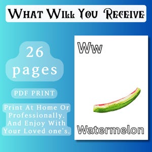 May include: A printable alphabet flashcard featuring the letter W and a watermelon illustration. The card is white with black text and a colourful watermelon illustration. The text on the card reads "Ww Watermelon".