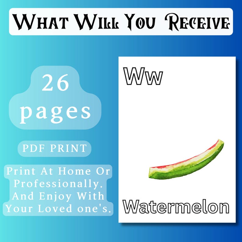 May include: A printable alphabet flashcard featuring the letter W and a watermelon illustration. The card is white with black text and a colourful watermelon illustration. The text on the card reads "Ww Watermelon".