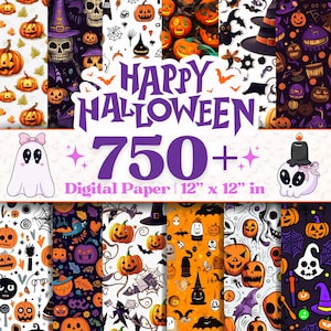 May include: A collection of Halloween-themed digital papers. The image features various patterns with pumpkins, bats, skulls, and witch hats. The text "HAPPY HALLOWEEN" and "750+ Digital Paper | 12" x 12" in" are displayed in the center. The papers are 12 inches by 12 inches.