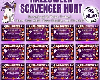 May include: A printable Halloween scavenger hunt game with 12 clues. The game features a purple background with a ghost and Halloween-themed decorations. The text "Halloween Scavenger Hunt" is written in a bold, white font.