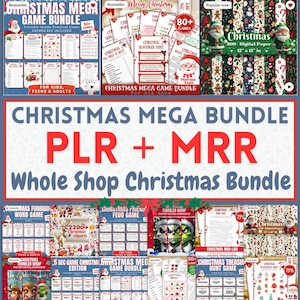 Puede incluir: Una colección de productos digitales con temática navideña, que incluye juegos, papel digital, imágenes prediseñadas y envoltorios para vasos. La imagen presenta varios paquetes con títulos como "Christmas Mega Game Bundle" y "Whole Shop Christmas Bundle". Los productos están diseñados para niños, adolescentes y adultos.