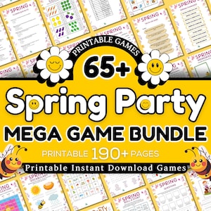 May include: A vibrant graphic advertising a "Spring Party Mega Game Bundle." The image displays the text "65+ Printable Games" and "Printable 190+ Pages." Smiling daisy and bee illustrations are also present. The background showcases various printable game pages.