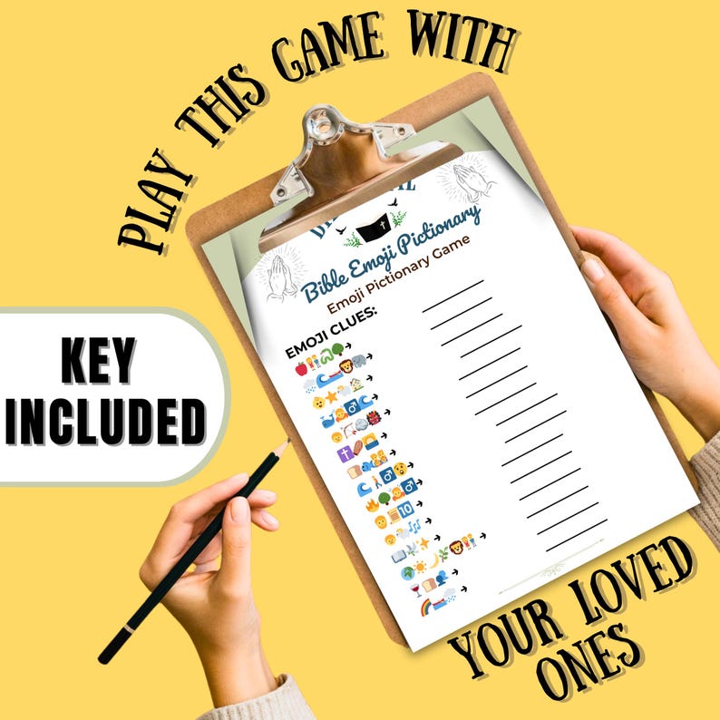 May include: A clipboard featuring a Bible Emoji Pictionary game sheet. The sheet includes emoji clues and answer lines. The text reads "Play this game with your loved ones" and "Key Included".