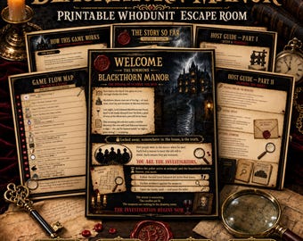 May include: A printable Blackthorn Manor whodunit escape room game kit featuring multiple pages of instructions, a game flow map, and a welcome page with a gothic mansion illustration. Includes a gold skeleton key and a magnifying glass.