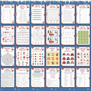 May include: A set of 16 printable Christmas game cards featuring a variety of games, including bingo, word searches, mazes, and memory games. The cards are decorated with a festive Christmas theme and feature Santa Claus, reindeer, and other holiday imagery.