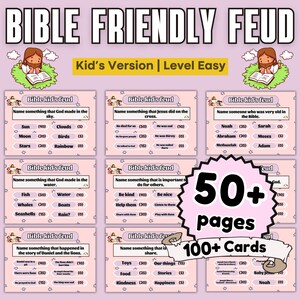 May include: A colorful game set titled "Bible Friendly Feud" for kids, featuring multiple cards with questions and answers. The game includes over 100 cards and 50+ pages, with a cartoon illustration of Jesus on the top.