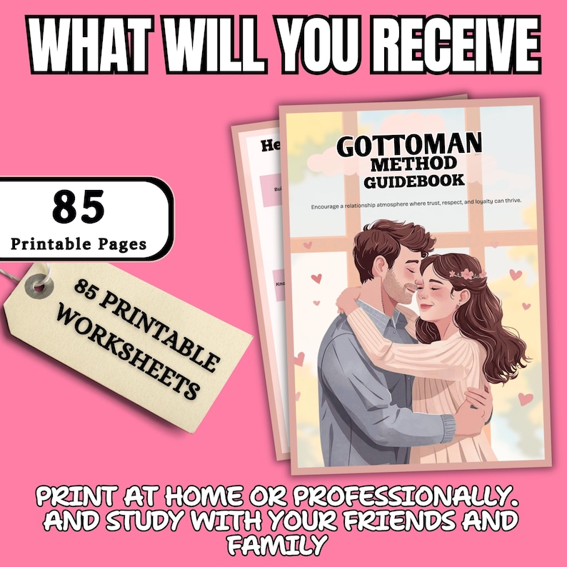Op de afbeelding: Roze achtergrond met de tekst "WAT ONTVANGT U". De afbeelding toont een gids getiteld "GOTTOMAN METHOD GUIDEBOOK" met een illustratie van een stel. Er zijn 85 afdrukbare pagina's en werkbladen.