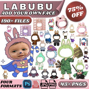 Labubu Doll Face Cutout Bundle – 45+ Kawaii Labubu Styles | Add Your Face to Fluffy, Funny, Rare-Inspired Outfits | Cute Collectible Art