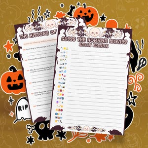May include: Two printable Halloween game cards. The first card is titled "The History of Halloween" and has questions about the holiday. The second card is titled "Guess the Horror Movies Emoji Edition" and has a list of emojis representing horror movies.