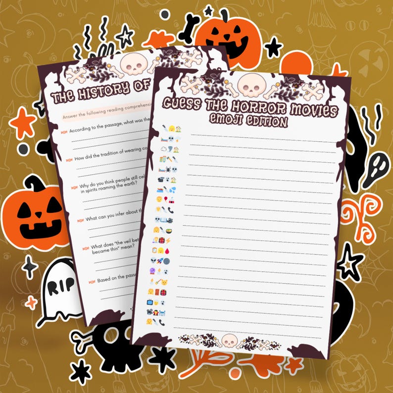 May include: Two printable Halloween game cards. The first card is titled "The History of Halloween" and has questions about the holiday. The second card is titled "Guess the Horror Movies Emoji Edition" and has a list of emojis representing horror movies.