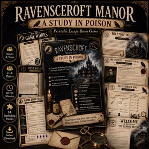 Op de afbeelding: Een printbaar escape room spel getiteld Ravenscroft Manor: A Study in Poison. De set bevat een hoofdspelbord, gastheergids, bewijsmateriaal, verdachten-dossiers en spelstroomkaarten met gotische illustraties van een landhuis en raven.