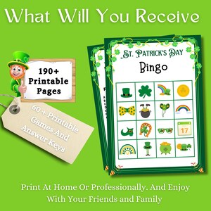 May include: A printable St. Patrick's Day Bingo game with a green shamrock border. The game includes images of a leprechaun, a pot of gold, a rainbow, a horseshoe, a top hat, and a shamrock. The text "St. Patrick's Day Bingo" is printed at the top of the card.