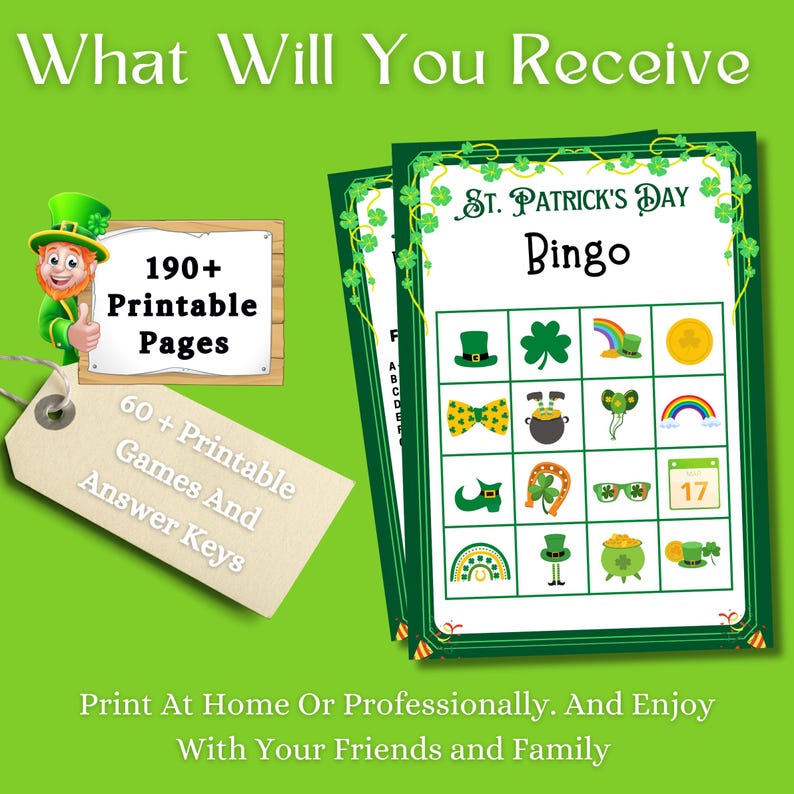 May include: A printable St. Patrick's Day Bingo game with a green shamrock border. The game includes images of a leprechaun, a pot of gold, a rainbow, a horseshoe, a top hat, and a shamrock. The text "St. Patrick's Day Bingo" is printed at the top of the card.
