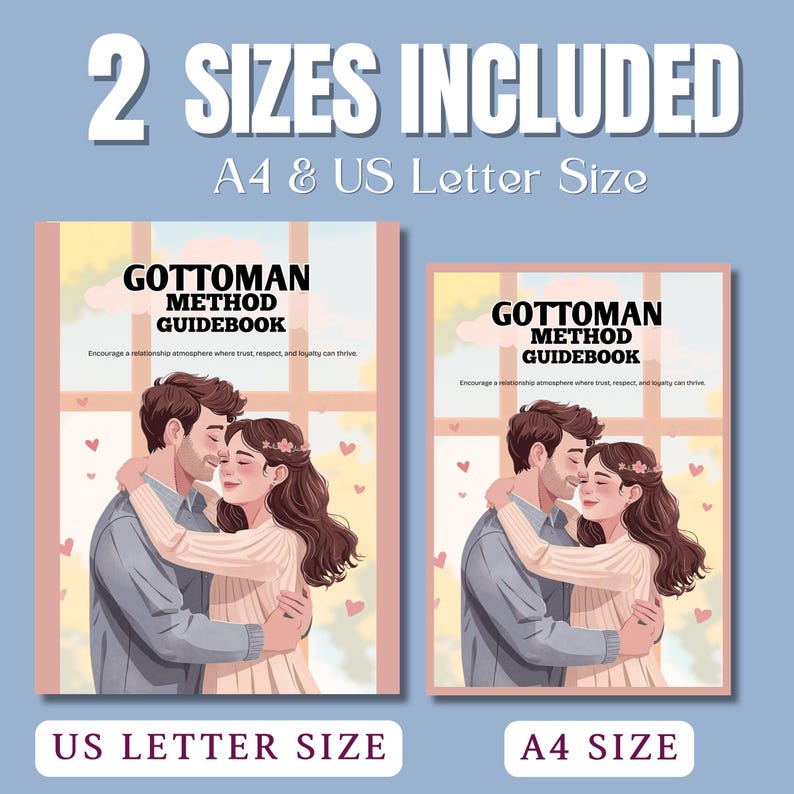 Op de afbeelding: Twee formaten van het "Gottman Method Guidebook" worden getoond, A4 en US Letter Size. De cover toont een stel dat elkaar omhelst voor een raam met harten. De tekst luidt "Stimuleer een relatiesfeer waar vertrouwen, respect en loyaliteit kunnen floreren."