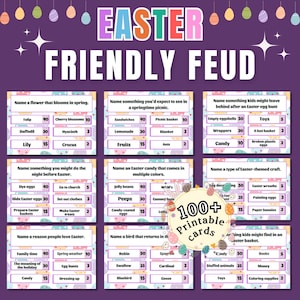 Fête de Pâques en famille Jeu | Plus de 100 cartes imprimables | Anecdotes amusantes sur Pâques pour les enfants | Adultes | A4 et lettre US | Tableau des scores et cartes des buts inclus