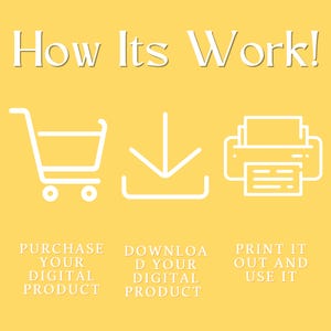 May include: A yellow graphic with white text and icons illustrating the steps to purchase, download, and print a digital product. The text reads "How Its Work!" and includes a shopping cart, a download icon, and a printer icon.