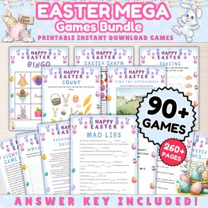 May include: A collection of printable Easter games for kids. The games include bingo, a graph, a count, find the differences, mad libs, a treasure hunt, and tracing. The games are on blue and white backgrounds with colorful Easter eggs and bunnies. The text on the image says "Easter Mega Games Bundle" and "90+ Games" and "260+ Pages".