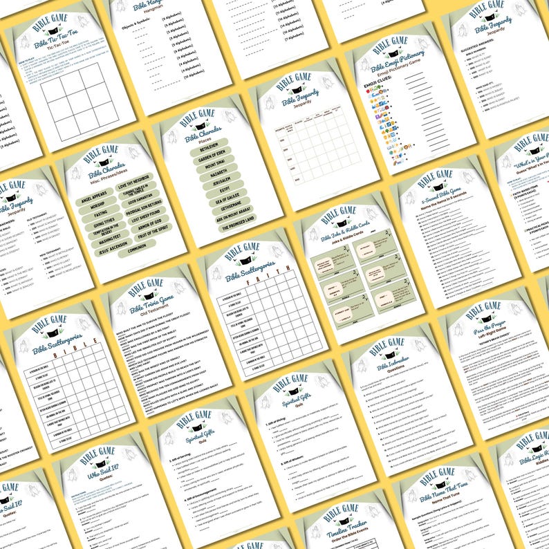 May include: A collection of printable Bible games on cream-colored paper. The games include trivia, charades, and other activities. Each game sheet has a decorative header with the words "Bible Game". The layout is designed for educational and recreational use.