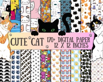 Cute Cat Digital Paper Bundle 12x12, 170+ Seamless Kawaii Cat & Paw Print Patterns, Scrapbook Paper, Printable Backgrounds, Instant Download