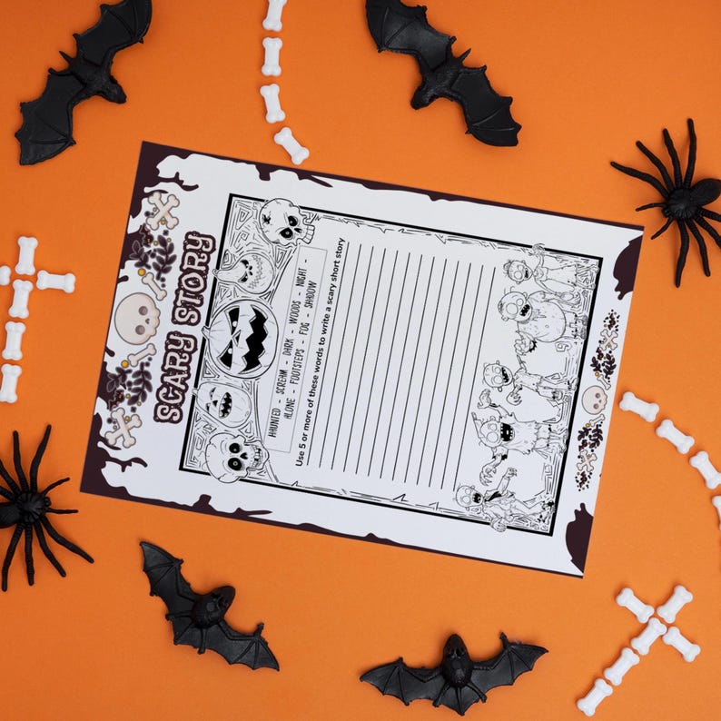 May include: A printable Halloween activity sheet with a spooky theme. The sheet features a pumpkin, skulls, and a list of words to use for writing a scary short story. The words include: haunted, scream, dark, woods, night, lone, footsteps, fog, shadow.