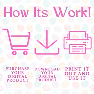 May include: A pink graphic showing how to purchase, download, and print a digital product. The graphic shows a shopping cart, a download arrow, and a printer.
