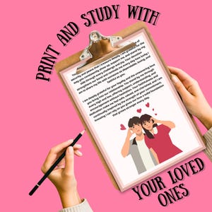 Op de afbeelding: Een klembord met een afgedrukte boodschap en een illustratie van een stel, vastgehouden door handen. De tekst luidt "Print and Study With Your Loved Ones". Een potlood ligt aan de zijkant. De achtergrond is roze.