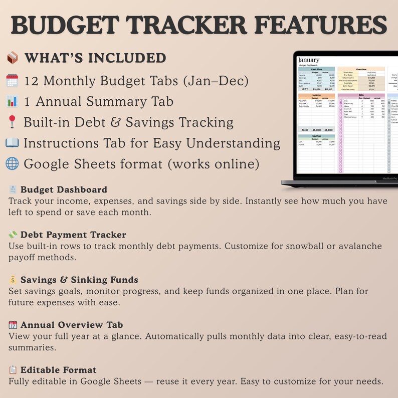 Google Sheets Annual Budget Template + Monthly Tracker | Income ...