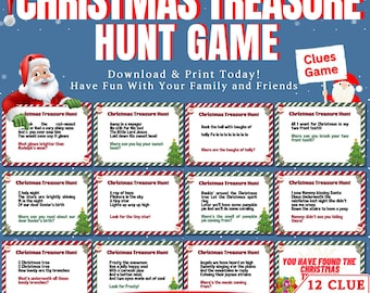 May include: Twelve printable Christmas treasure hunt clue cards featuring a red and green color scheme with a Santa Claus illustration. The cards have a festive Christmas theme and include lyrics from popular Christmas songs.